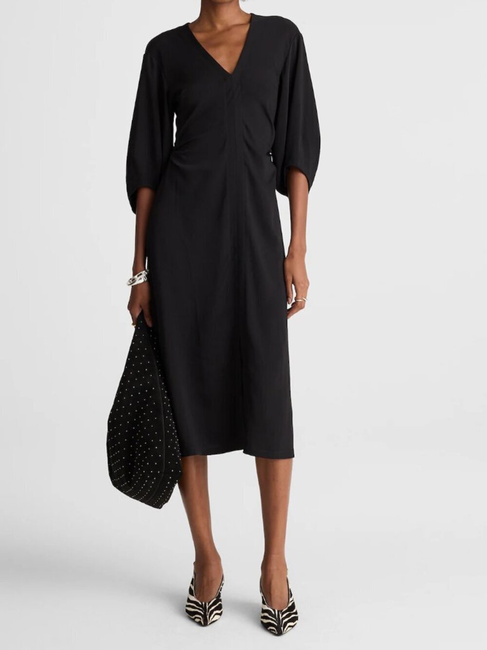 Madewell V-Neck Waist Shaping Ruched Front Slit Midi Dress Black Size 4/S NWT